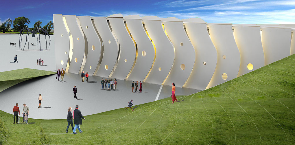 Belgrade Center for the Promotion of Science Public courtyard landscape leading to landscape roof.