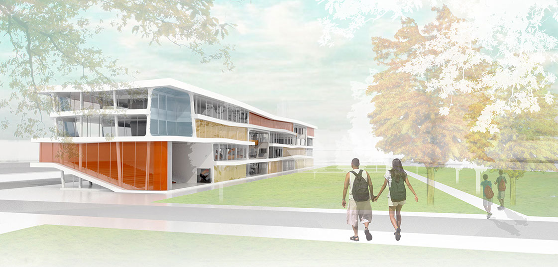 The library is principally expressed onto the green space but addresses the waterway behind as well.