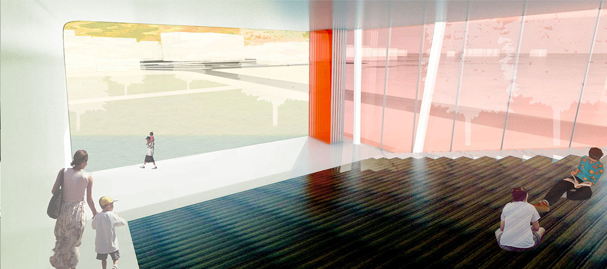 Library auditorium looking onto public green.