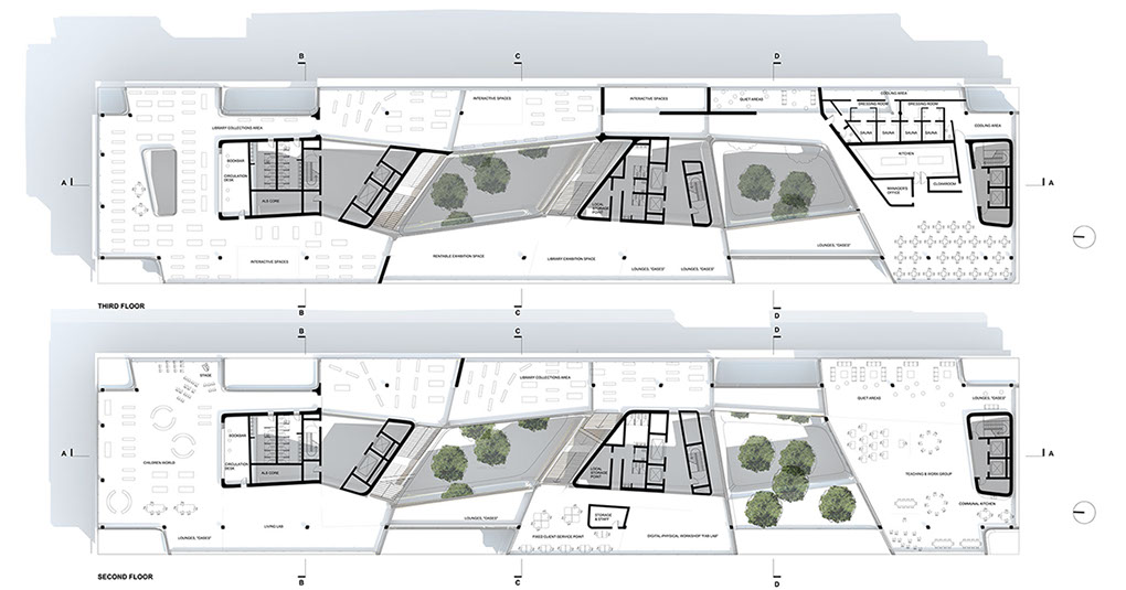 Second and thrid floor plans with winter gardens and open atriums.